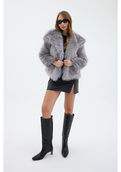 Kadın Peluş Kürk Premium Mont Gri modelleri