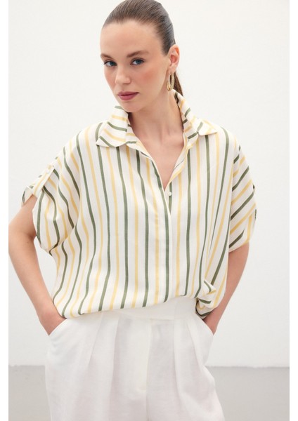 Keten Karışımlı Çizgili Gömlek - Haki