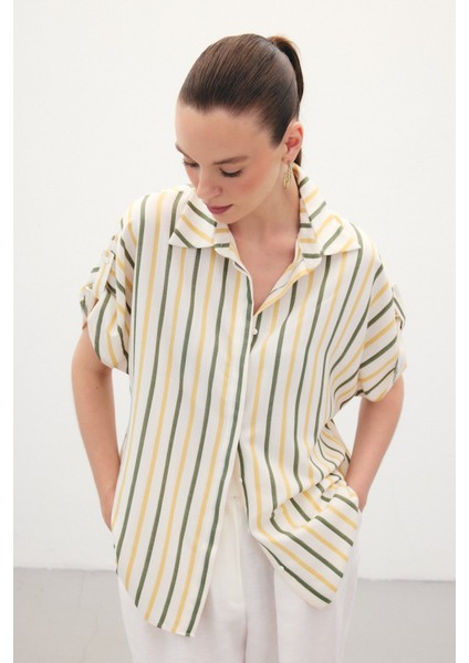 Keten Karışımlı Çizgili Gömlek - Haki fiyatları