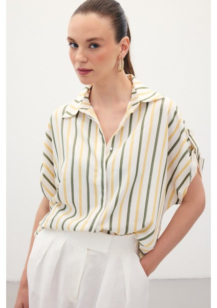 Keten Karışımlı Çizgili Gömlek - Haki modelleri