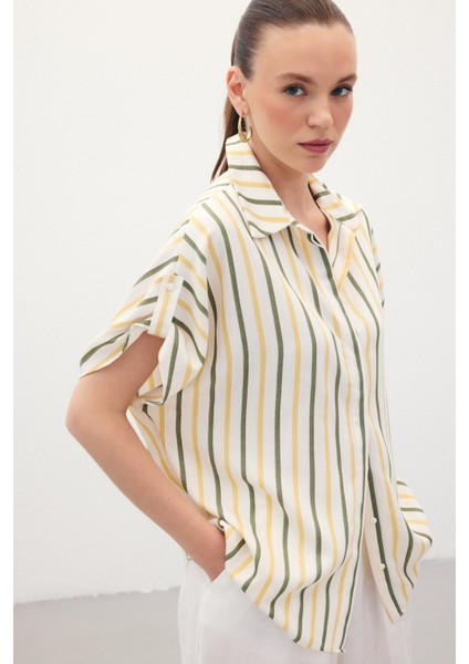 Keten Karışımlı Çizgili Gömlek - Haki fırsatları