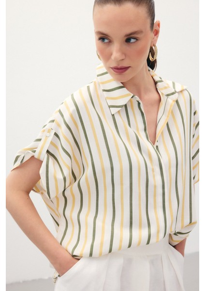 Keten Karışımlı Çizgili Gömlek - Haki indirimleri