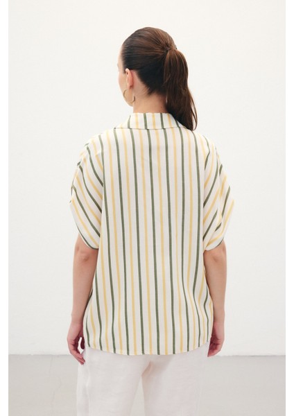 Keten Karışımlı Çizgili Gömlek - Haki