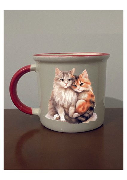 Sarılan Kedi Baskılı Kırmızı Ağızlı Kupa Bardak - Seramik Çay, Kahve Hediyelik Bardağı