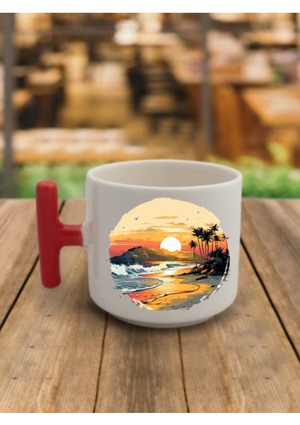 Salihde Güneş Görselli Kahve Bardağı Seramik Kupa - Seramik Çay, Kahve Hediyelik Bardağı