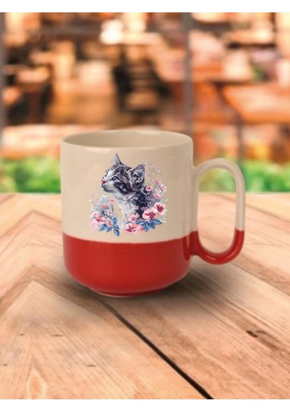 Çiçekli Kedi Kırmızı Tabanlı Kupa Bardak - Seramik Çay, Kahve Hediyelik Bardağı