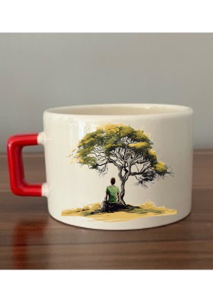 Ağaç Altında Insan Baskılı Kırmızı Kulplu Fincan Seramik Kupa - Seramik Çay, Kahve Hediyelik Bardağı