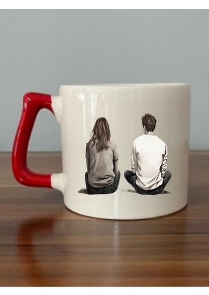 Kadın Erkek Baskılı Kırmızı Kulplu Kupa Bardak - Seramik Çay, Kahve Hediyelik Bardağı