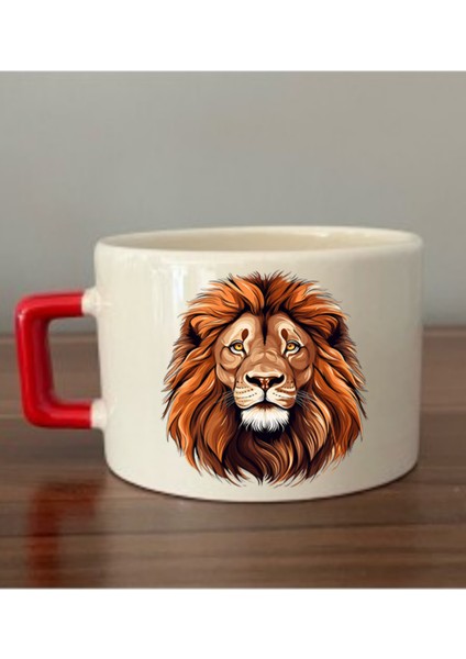 Aslan Baskılı Kırmızı Kulplu Fincan - Seramik Çay, Kahve Hediyelik Bardağı