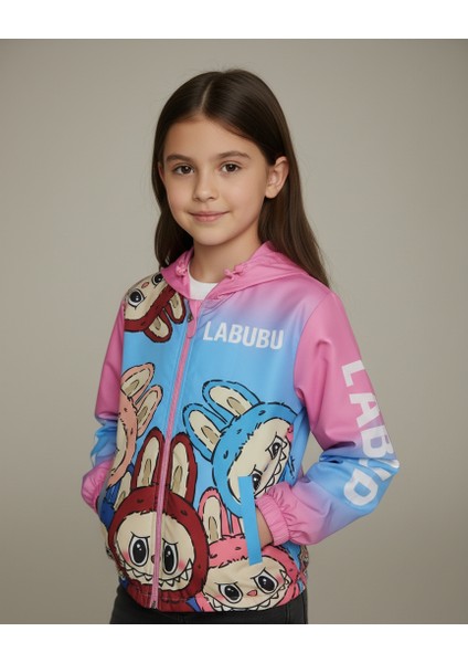 Kız Çocuk Labubu Karakter Baskılı Kapüşonlu Su Geçirmez Yağmurluk