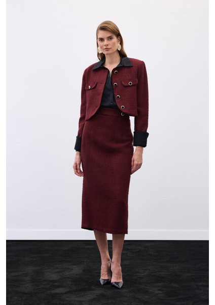 Süs Düğmeli Tüvit Kalem Etek - Bordo