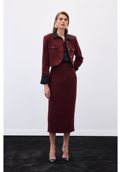 Süs Düğmeli Tüvit Kalem Etek - Bordo fiyatları