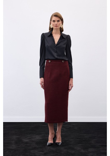 Süs Düğmeli Tüvit Kalem Etek - Bordo modelleri