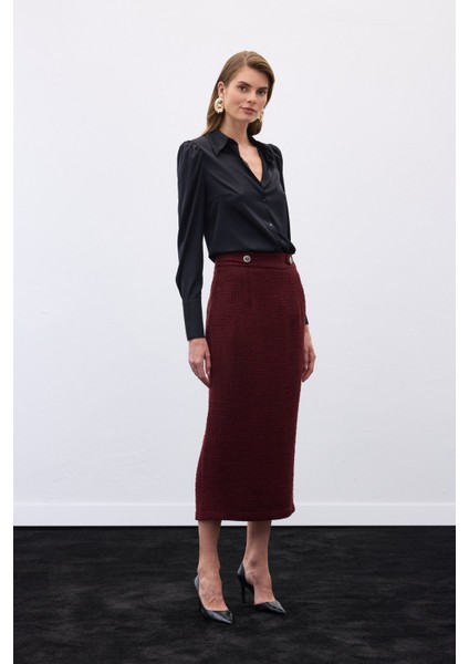 Süs Düğmeli Tüvit Kalem Etek - Bordo fırsatları