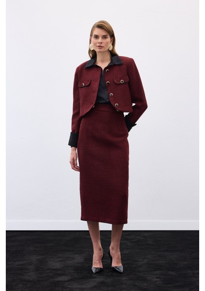 Süs Düğmeli Tüvit Kalem Etek - Bordo indirimleri