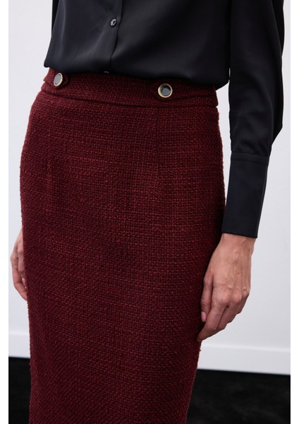 Süs Düğmeli Tüvit Kalem Etek - Bordo