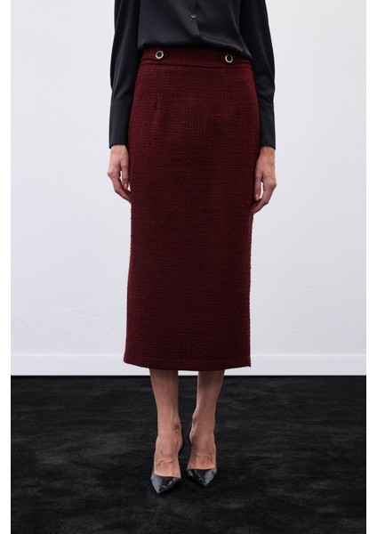 Süs Düğmeli Tüvit Kalem Etek - Bordo