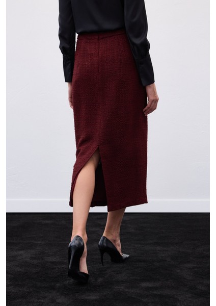 Süs Düğmeli Tüvit Kalem Etek - Bordo