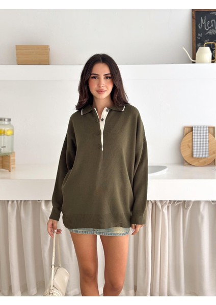 Kontrast Detaylı Polo Yaka Oversize Triko Kazak