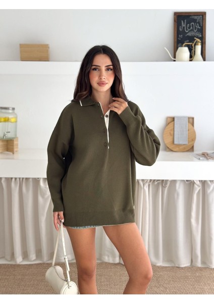 Kontrast Detaylı Polo Yaka Oversize Triko Kazak modelleri