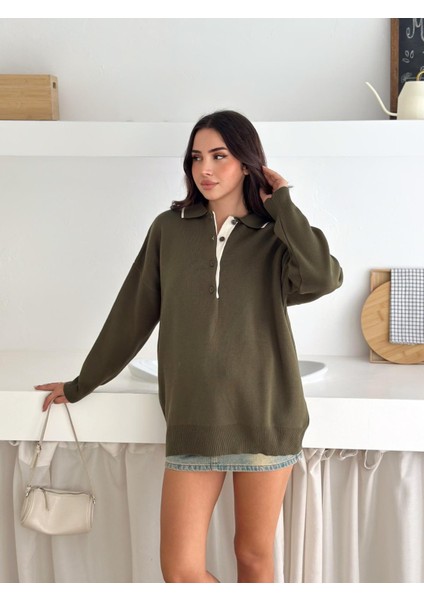 Kontrast Detaylı Polo Yaka Oversize Triko Kazak fırsatları