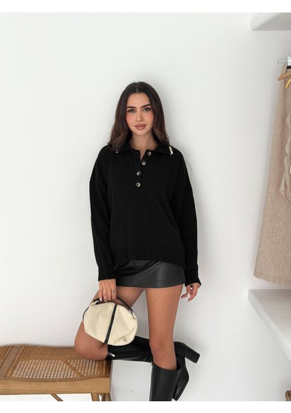 Polo Yaka Düğmeli Yumuşak Dokulu Triko Kazak
