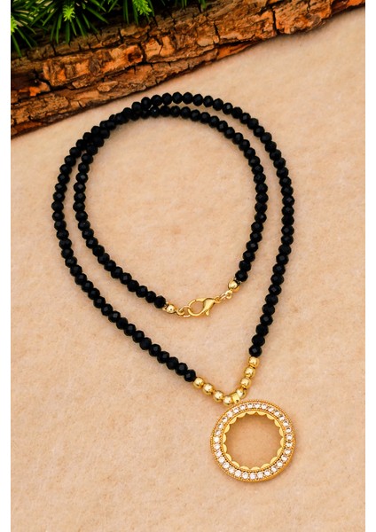 Çeyrek Için Kolye Kadın Siyah Taşlı Çeyrek Altın Takılan Kolye Modeli BT066