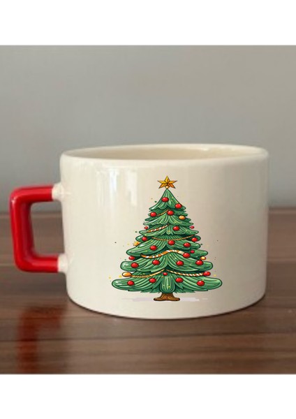 Yılbaşı Ağacı Görselli Yeni Yıl Yılbaşı Hediyelik Kırmızı Kulplu Fincan
