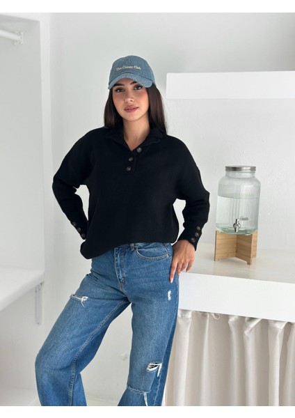 Polo Yaka Yarım Pat Kol Düğme Detay Triko Kazak