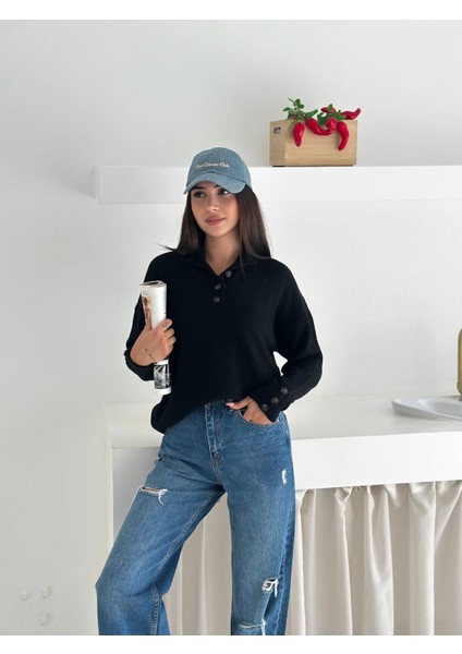 Polo Yaka Yarım Pat Kol Düğme Detay Triko Kazak indirimleri