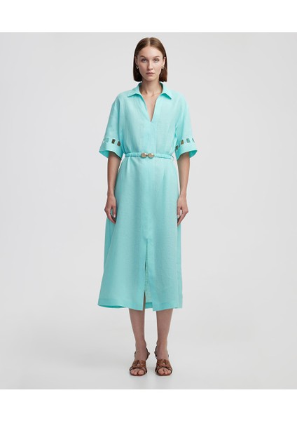 Cutout Detaylı Keten Elbise IS1250002333BU2