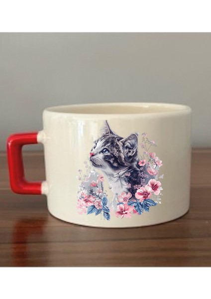 Çiçekli Kedi Temalı Fincan Kupa Bardak - Seramik Çay, Kahve Hediyelik Bardağı