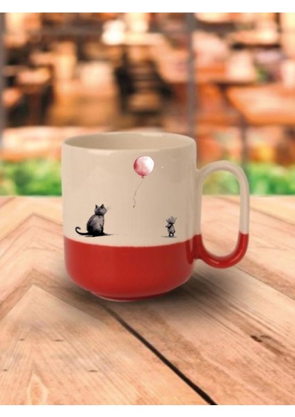 Kedi ve Balon Temalı Kırmızı Tabanlı Kupa Bardak - Seramik Çay, Kahve Hediyelik Bardağı