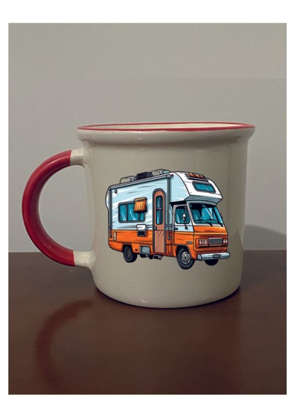 Turuncu Karavanlı Kırmızı Ağızlı Kupa Bardak - Seramik Çay, Kahve Hediyelik Bardağı