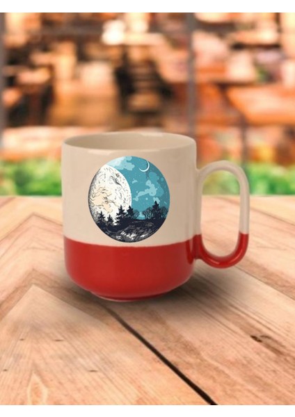 Ay Baskılı Kırmızı Tabanlı Kupa Bardak - Seramik Çay, Kahve Hediyelik Bardağı
