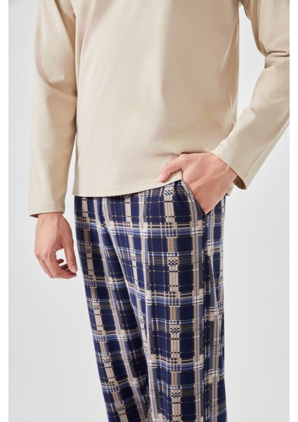 Erkek Pamuklu Uzun Kollu Ekose Desenli Cepli Pijama Takımı fırsatları