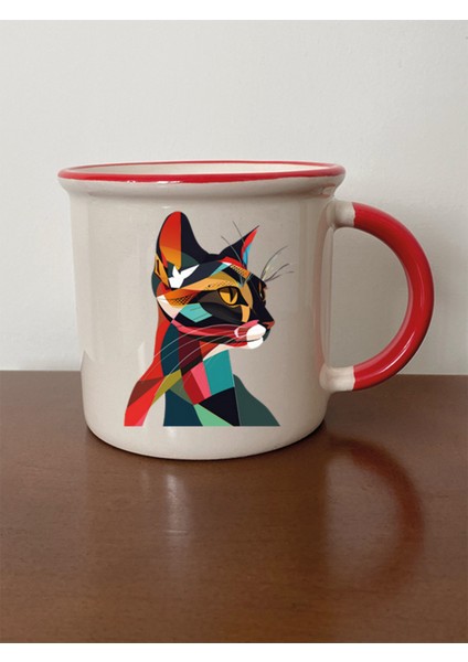 Modern Kedi Temalı Kırmızı Ağızlı Kupa Bardak - Seramik Çay, Kahve Hediyelik Bardağı