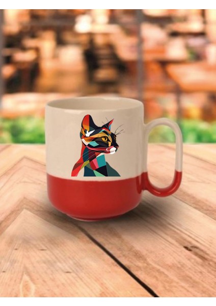Modern Kedi Temalı Kırmızı Tabanlı Kupa Bardak - Seramik Çay, Kahve Hediyelik Bardağı