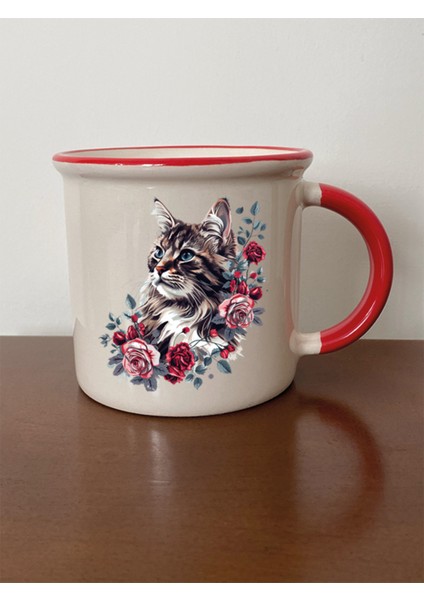 Çiçek ve Kedi Temalı Kırmızı Ağızlı Kupa Bardak - Seramik Çay, Kahve Hediyelik Bardağı