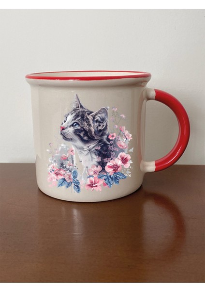 Çiçekli Kedi Temalı Kırmızı Ağızlı Kupa Bardak - Seramik Çay, Kahve Hediyelik Bardağı