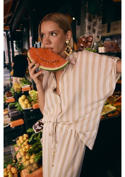 Çizgili Kısa Kol Gömlek - Bej