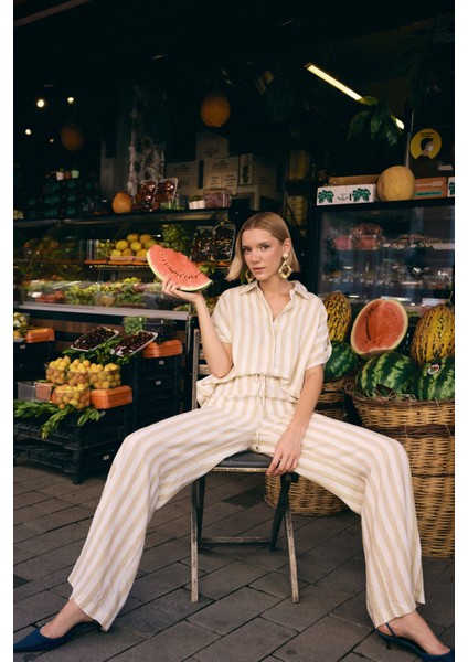 Çizgili Kısa Kol Gömlek - Bej fiyatları