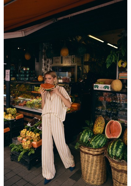 Çizgili Kısa Kol Gömlek - Bej modelleri