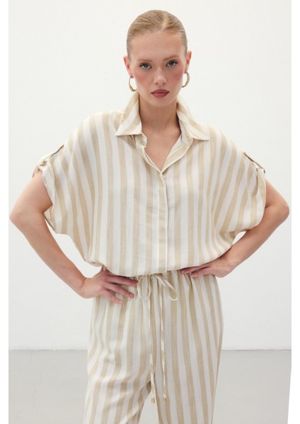Çizgili Kısa Kol Gömlek - Bej fırsatları