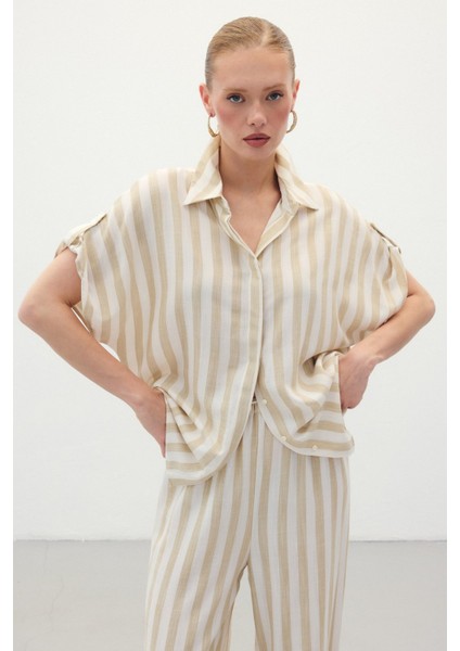 Çizgili Kısa Kol Gömlek - Bej indirimleri