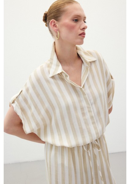 Çizgili Kısa Kol Gömlek - Bej