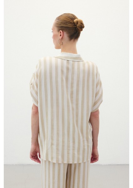 Çizgili Kısa Kol Gömlek - Bej