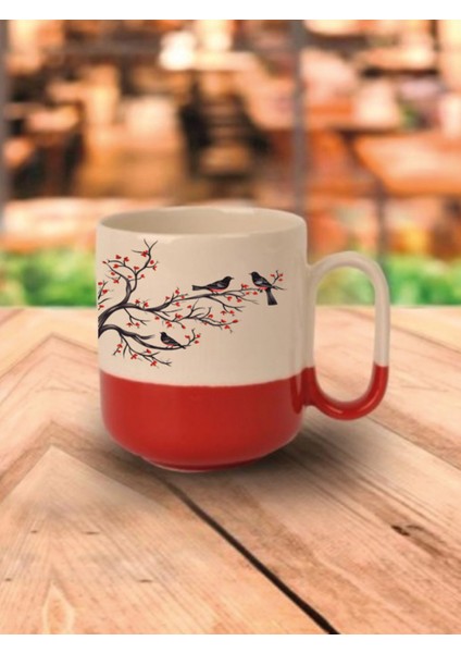 Daldaki Kuşlar Temalı Kırmızı Tabanlı Kupa Bardak - Seramik Çay, Kahve Hediyelik Bardağı