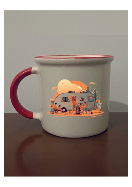 Kamp Görseli Baskılı Kırmızı Ağızlı Kupa Bardak - Seramik Çay, Kahve Hediyelik Bardağı
