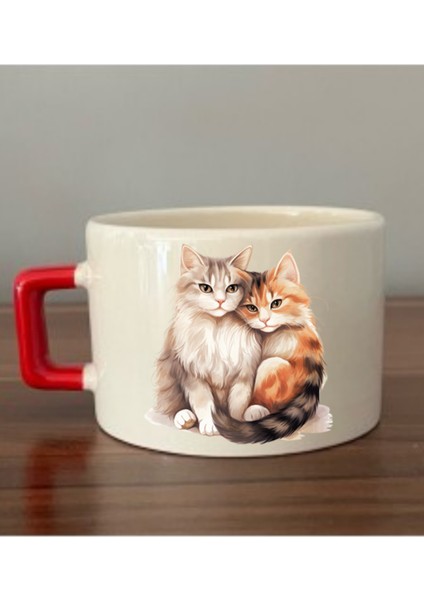 Sarılan Kedi Görselli Fincan Seramik Kupa - Seramik Çay, Kahve Hediyelik Bardağı